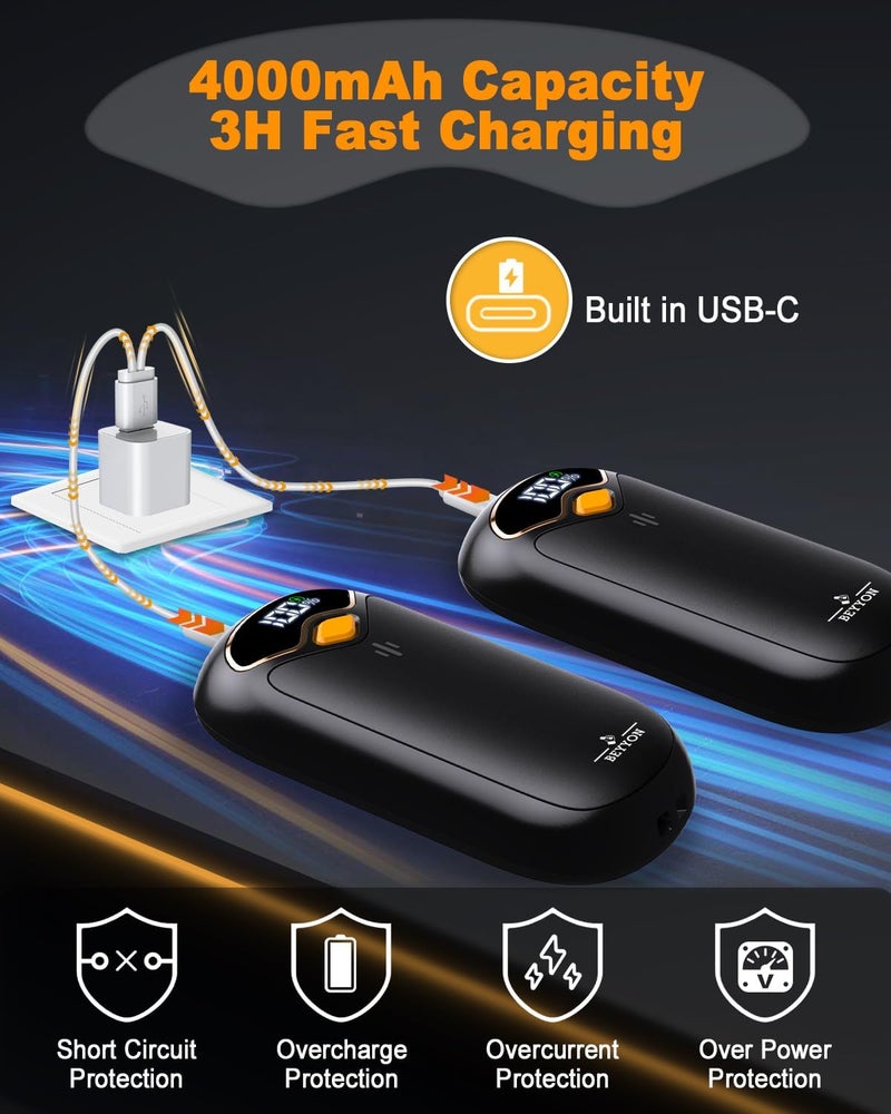 BEYYON B سخانات يد قابلة لإعادة الشحن - سخانات يد كهربائية قابلة لإعادة الشحن 2 حزمة، شاشة رقمية LED، 4 مستويات حرارة قابلة لإعادة الاستخدام، USB، سخانات يد محمولة مغناطيسية للجولف/التخييم/الصيد، هدية للنساء، الرجال - Image 4